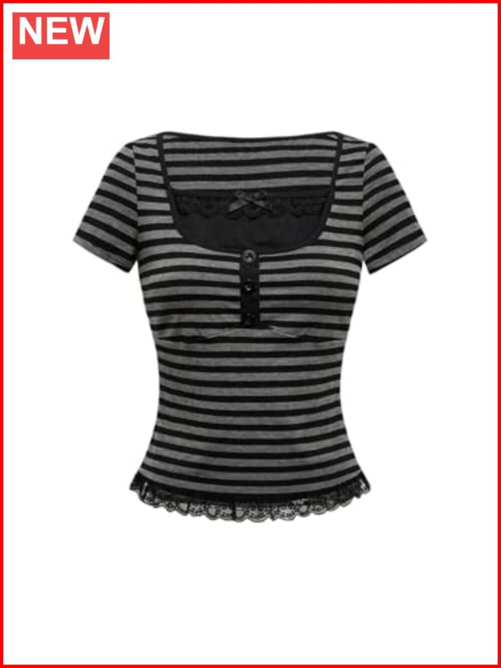 Short Sleeve Square Neck Lace Trim Striped Y2K Fitted Tee
